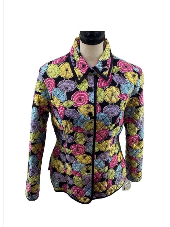 SilkLand Jackets & Blazers - VTG—SILKLAND—Umbrella Print Silk Quilted Beaded Lined Button Up Jacket—Sz Small